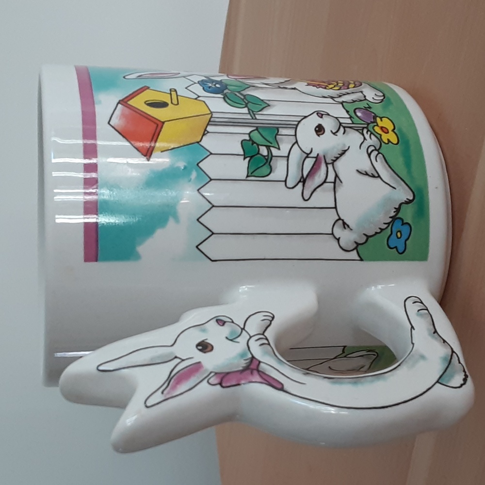 Easter Bunny White Rabbit Handle Cup Mug Spring Flowers Butterfly 8 oz - Picture 2 of 6